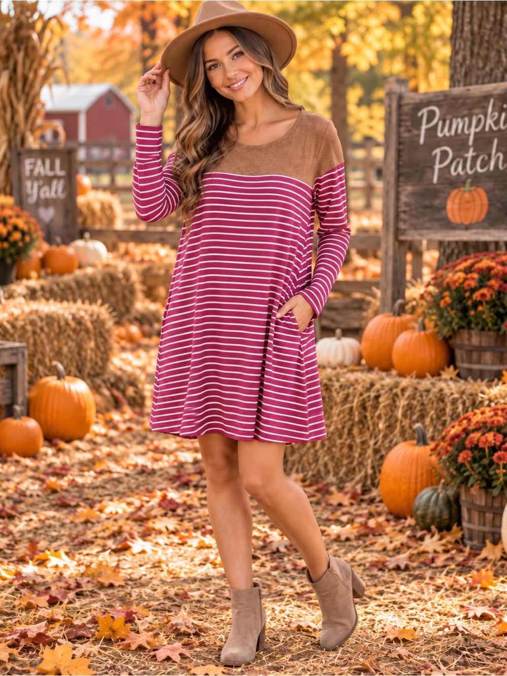 Umgee Pink & Brown Striped Long-Sleeve Swing Dress